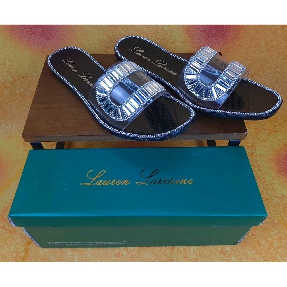 Lauren Lorraine Jane Black Rhinestone Embellished Slide Sandals Size 11